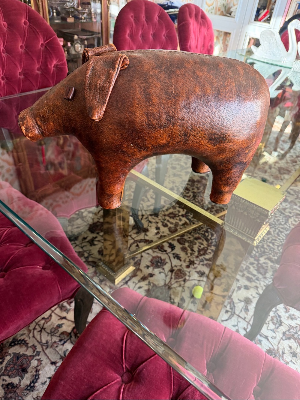Vintage-Style Brown Leather Pig Accent - Home Dining Decor
